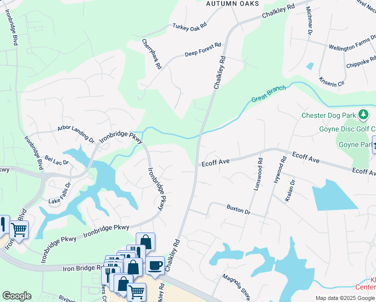 map of restaurants, bars, coffee shops, grocery stores, and more near 11400 Chalkley Road in Chester