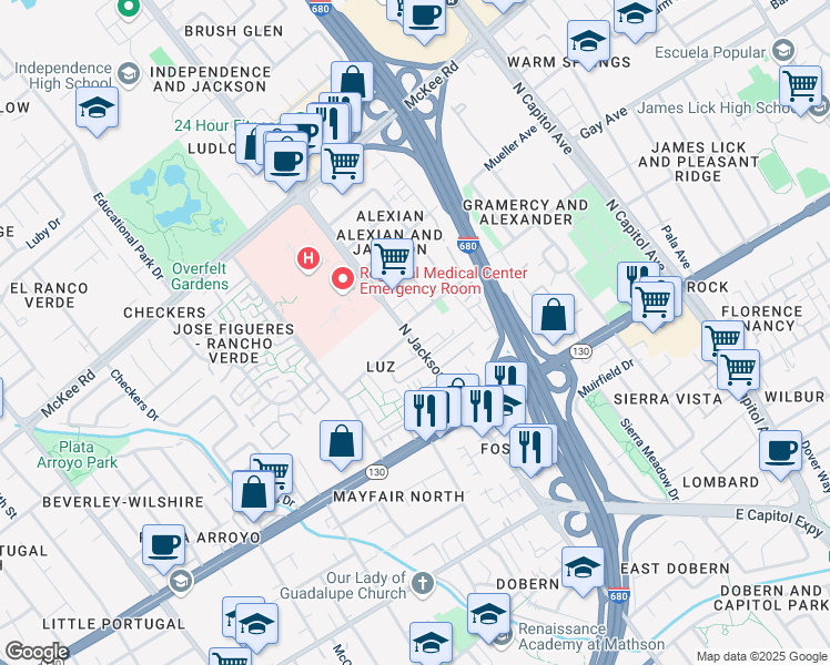 map of restaurants, bars, coffee shops, grocery stores, and more near 88 North Jackson Avenue in San Jose