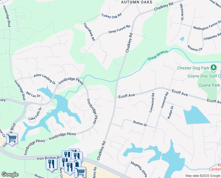 map of restaurants, bars, coffee shops, grocery stores, and more near 11400 Chalkley Road in Chester