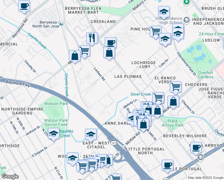 map of restaurants, bars, coffee shops, grocery stores, and more near 1669 Las Plumas Avenue in San Jose
