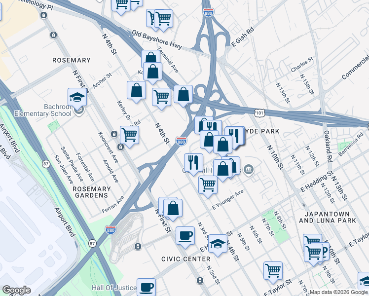 map of restaurants, bars, coffee shops, grocery stores, and more near 1165 North 5th Street in San Jose