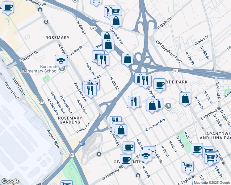 map of restaurants, bars, coffee shops, grocery stores, and more near 1190 North 4th Street in San Jose
