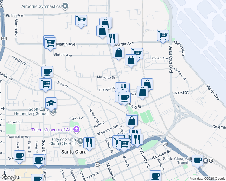 map of restaurants, bars, coffee shops, grocery stores, and more near 985 Parker Court in Santa Clara
