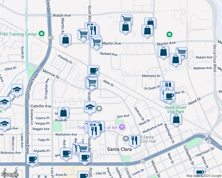 map of restaurants, bars, coffee shops, grocery stores, and more near 2120 Monroe Street in Santa Clara