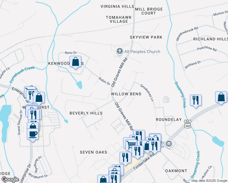 map of restaurants, bars, coffee shops, grocery stores, and more near 504 Bent Oak Ct in Lynchburg