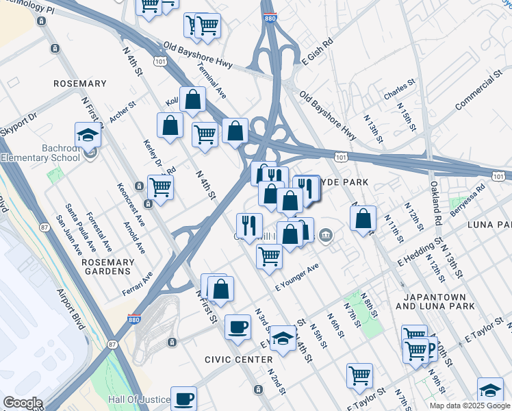 map of restaurants, bars, coffee shops, grocery stores, and more near 1198 North 5th Street in San Jose