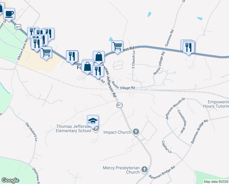 map of restaurants, bars, coffee shops, grocery stores, and more near 1287-1299 Thomas Jefferson Rd in Forest