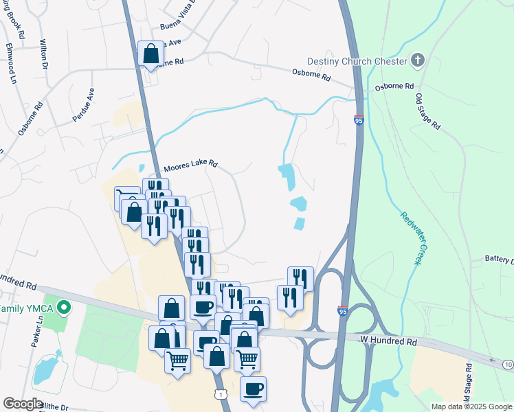 map of restaurants, bars, coffee shops, grocery stores, and more near 12300 Moores Lake Road in Chester