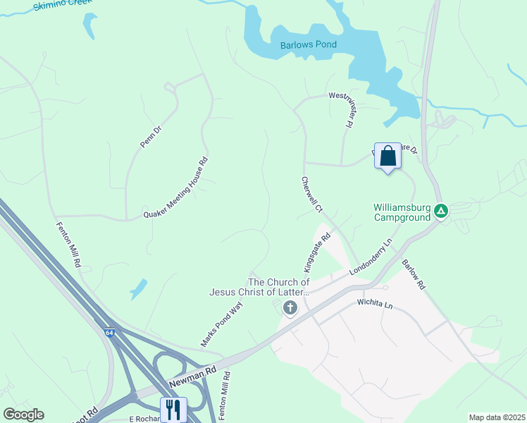 map of restaurants, bars, coffee shops, grocery stores, and more near 105 Cliftons Bluff in Williamsburg