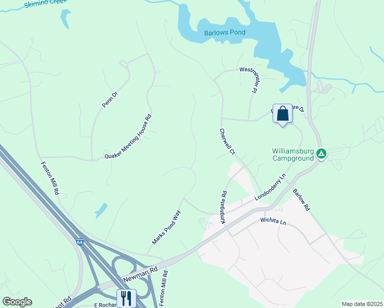 map of restaurants, bars, coffee shops, grocery stores, and more near 105 Cliftons Bluff in Williamsburg