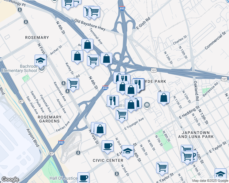 map of restaurants, bars, coffee shops, grocery stores, and more near 1150 North 5th Street in San Jose