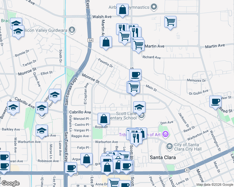 map of restaurants, bars, coffee shops, grocery stores, and more near 2161 Rancho McCormick Boulevard in Santa Clara