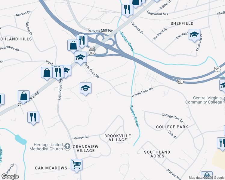 map of restaurants, bars, coffee shops, grocery stores, and more near 2001 Wards Ferry Road in Lynchburg