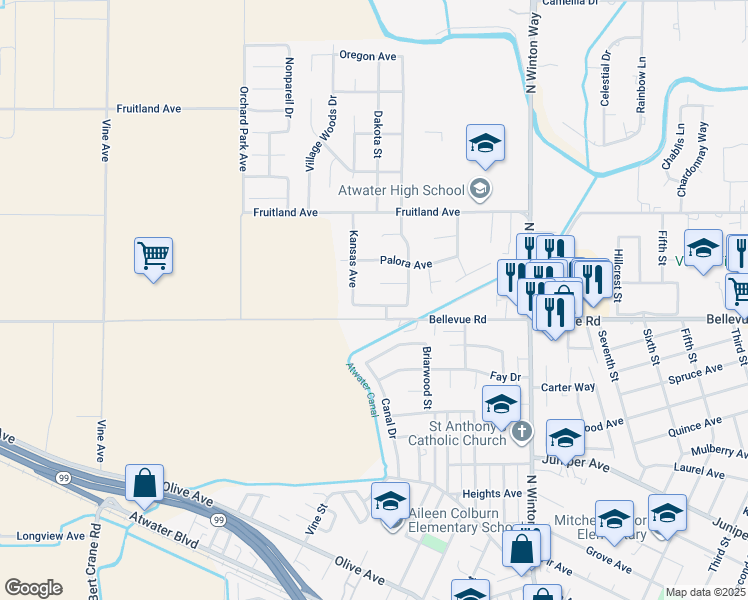 map of restaurants, bars, coffee shops, grocery stores, and more near 2451 Brodalski Street in Atwater