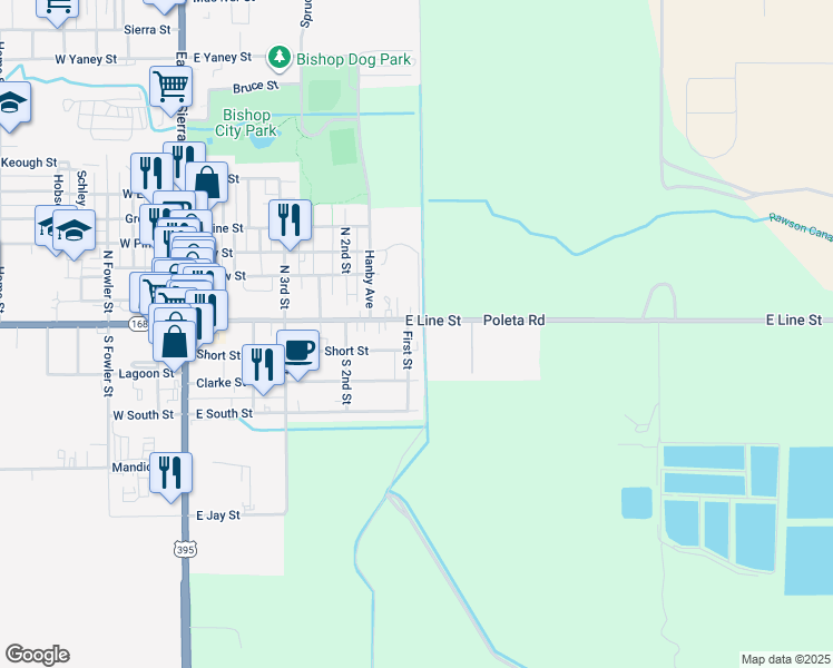 map of restaurants, bars, coffee shops, grocery stores, and more near 212 South 1st Street in Bishop