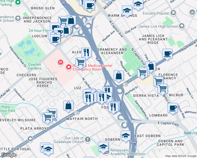 map of restaurants, bars, coffee shops, grocery stores, and more near 36 North Jackson Avenue in San Jose