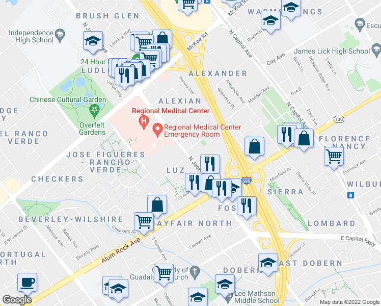map of restaurants, bars, coffee shops, grocery stores, and more near 68 North Jackson Avenue in San Jose
