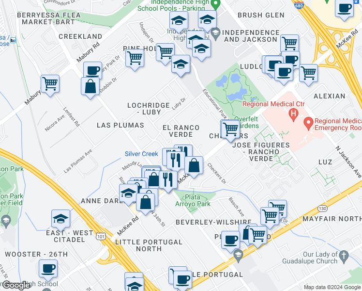map of restaurants, bars, coffee shops, grocery stores, and more near 319 Checkers Drive in San Jose