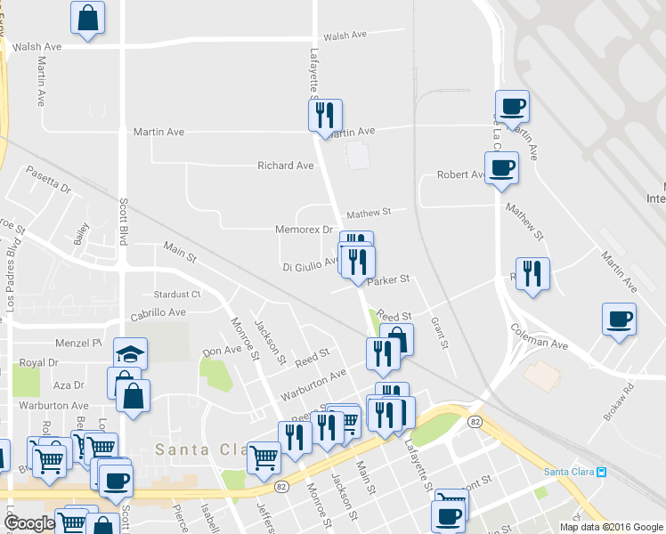 map of restaurants, bars, coffee shops, grocery stores, and more near 985 Parker Court in Santa Clara