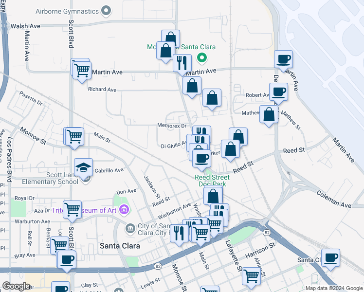 map of restaurants, bars, coffee shops, grocery stores, and more near 985 Parker Court in Santa Clara