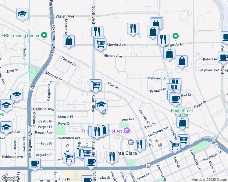 map of restaurants, bars, coffee shops, grocery stores, and more near 2120 Monroe Street in Santa Clara