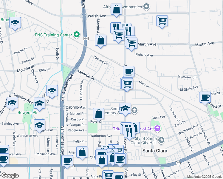 map of restaurants, bars, coffee shops, grocery stores, and more near 2161 Rancho McCormick Boulevard in Santa Clara