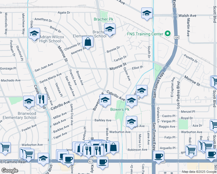 map of restaurants, bars, coffee shops, grocery stores, and more near 2080 Larsen Place in Santa Clara