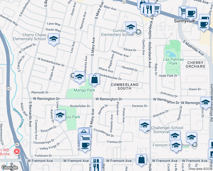 map of restaurants, bars, coffee shops, grocery stores, and more near 1034 Persimmon Avenue in Sunnyvale