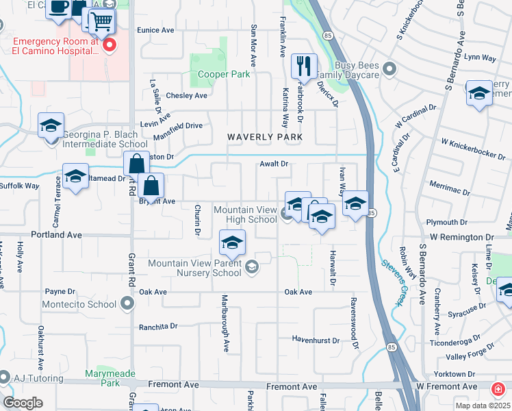 map of restaurants, bars, coffee shops, grocery stores, and more near 1161 Bruckner Circle in Mountain View
