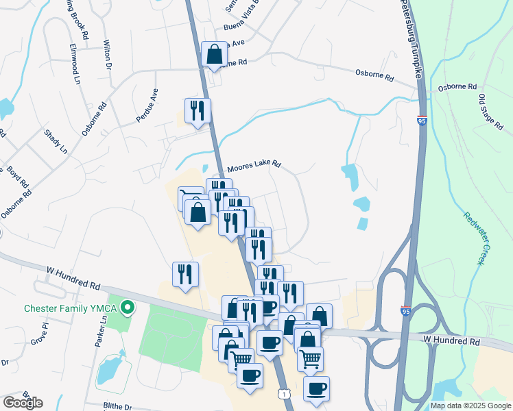 map of restaurants, bars, coffee shops, grocery stores, and more near 12131 Jefferson Davis Highway in Chester