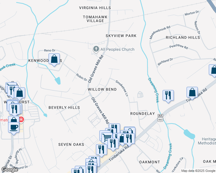 map of restaurants, bars, coffee shops, grocery stores, and more near 110 Willow Bend Drive in Lynchburg