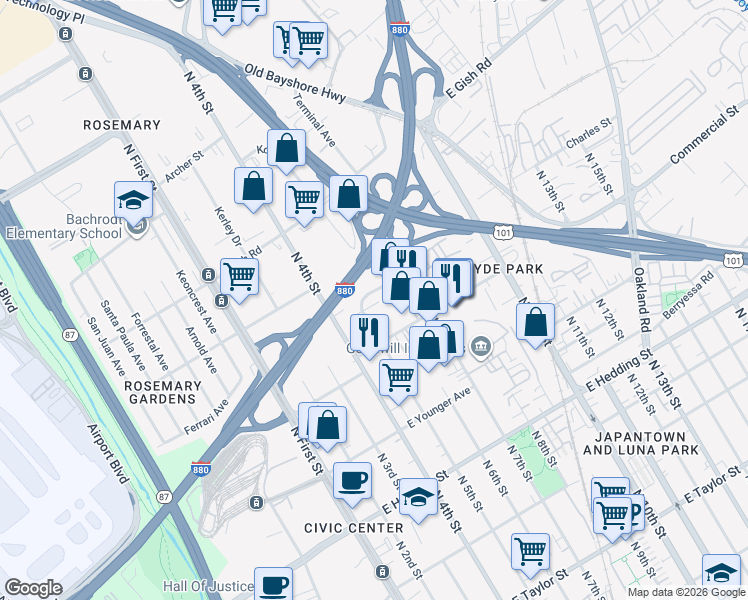 map of restaurants, bars, coffee shops, grocery stores, and more near 1180 North 5th Street in San Jose