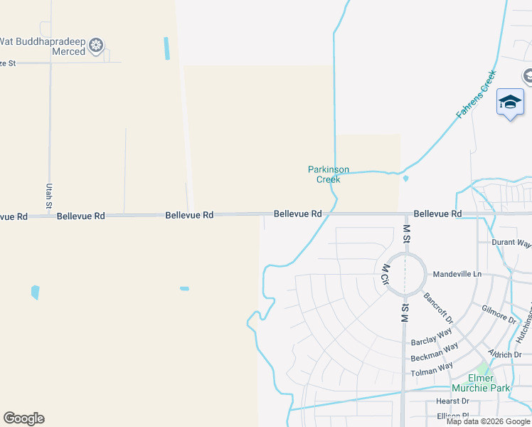 map of restaurants, bars, coffee shops, grocery stores, and more near 9 Bellevue Road in Merced