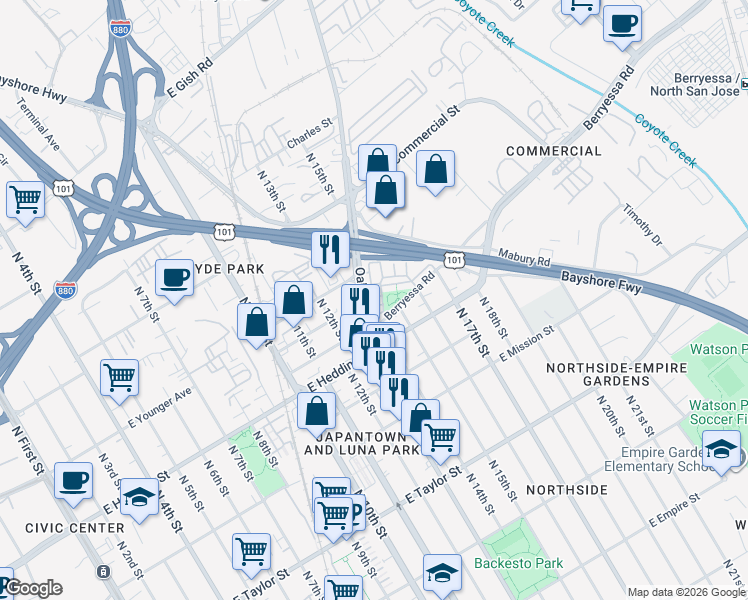 map of restaurants, bars, coffee shops, grocery stores, and more near 617 Boardwalk Way in San Jose