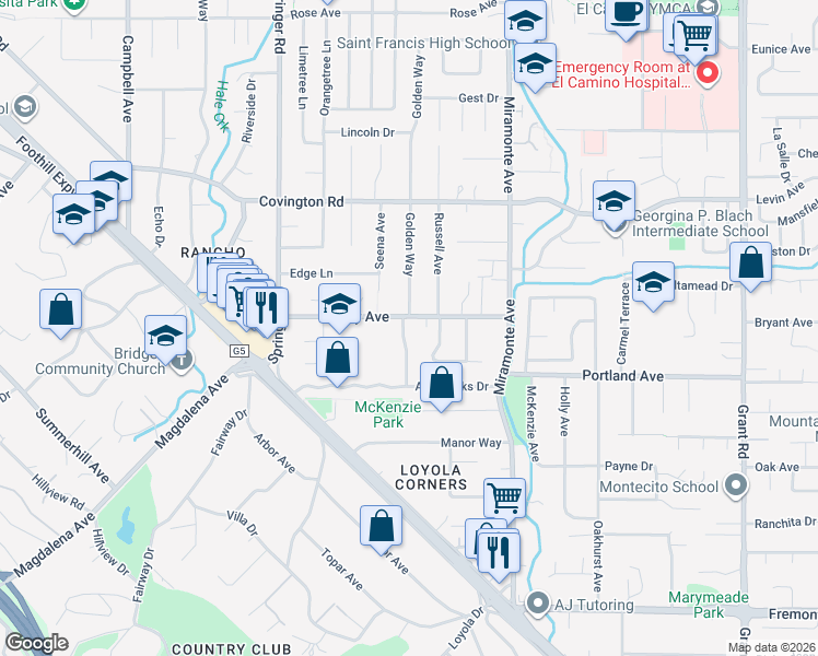 map of restaurants, bars, coffee shops, grocery stores, and more near 1253 Golden Way in Los Altos