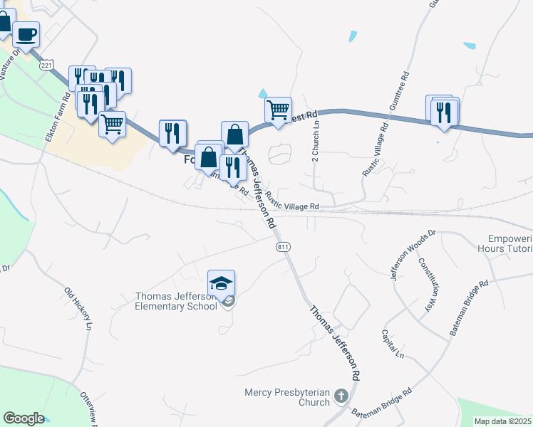 map of restaurants, bars, coffee shops, grocery stores, and more near 1287 Thomas Jefferson Road in Forest