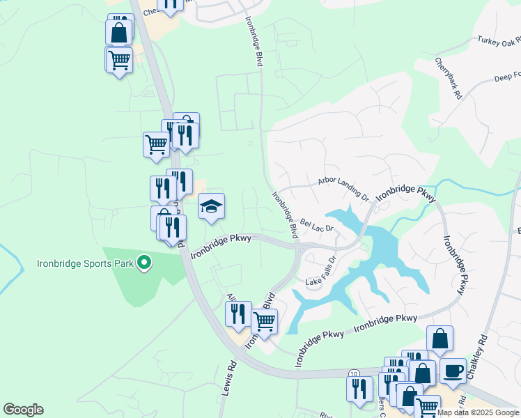 map of restaurants, bars, coffee shops, grocery stores, and more near 11341 Benton Pointe Way in Chester