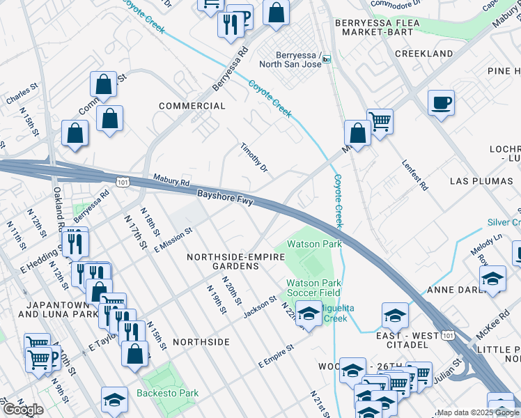 map of restaurants, bars, coffee shops, grocery stores, and more near 727 North 23rd Street in San Jose