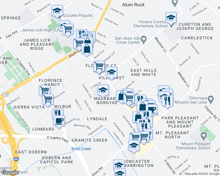 map of restaurants, bars, coffee shops, grocery stores, and more near 461 South White Road in San Jose