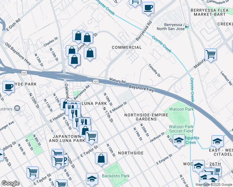 map of restaurants, bars, coffee shops, grocery stores, and more near 860 North 19th Street in San Jose