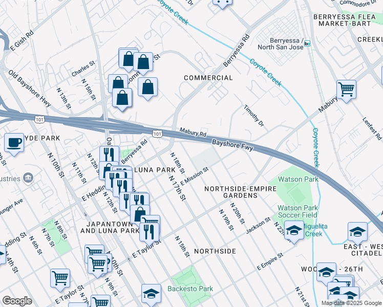 map of restaurants, bars, coffee shops, grocery stores, and more near 860 North 19th Street in San Jose
