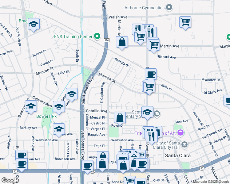 map of restaurants, bars, coffee shops, grocery stores, and more near 2250 Monroe Street in Santa Clara