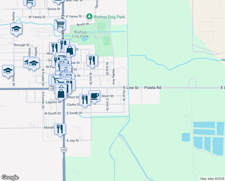 map of restaurants, bars, coffee shops, grocery stores, and more near 200-210 South 2nd Street in Bishop