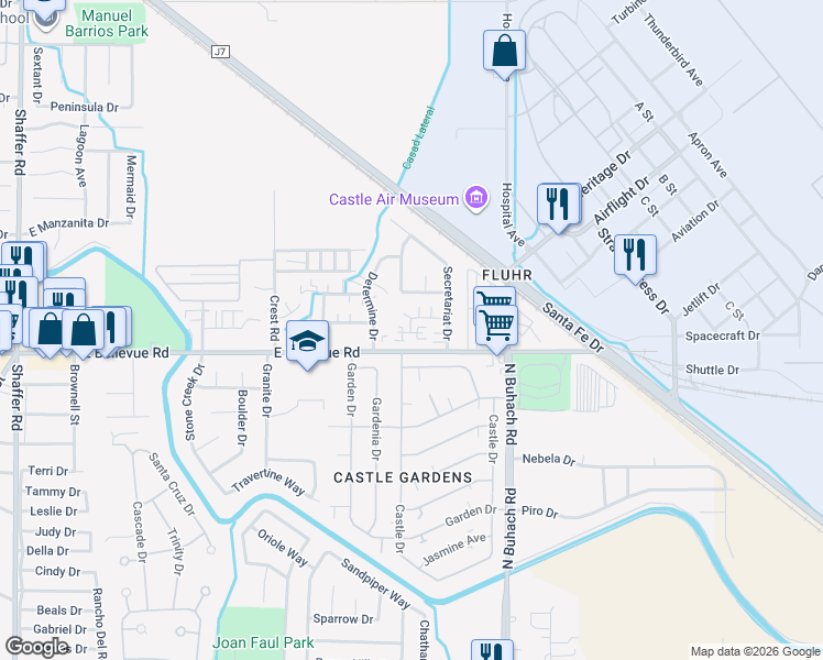map of restaurants, bars, coffee shops, grocery stores, and more near 239 Castle Drive in Atwater