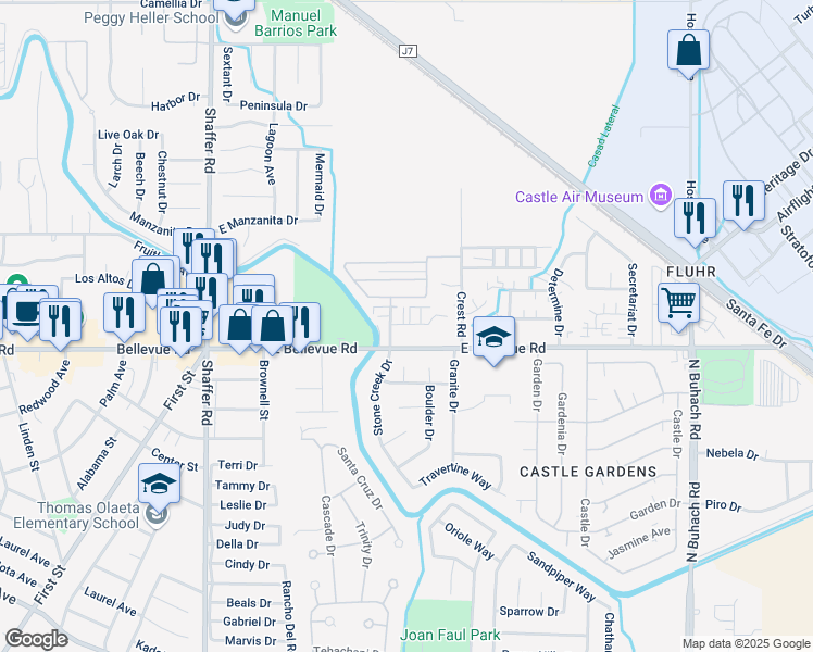 map of restaurants, bars, coffee shops, grocery stores, and more near 823 East Bellevue Road in Atwater