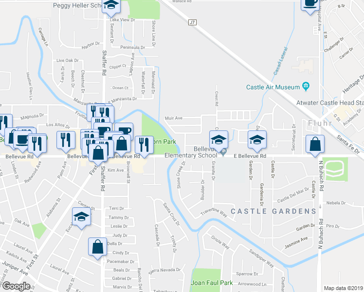 map of restaurants, bars, coffee shops, grocery stores, and more near 2691 Stone Creek Drive in Atwater