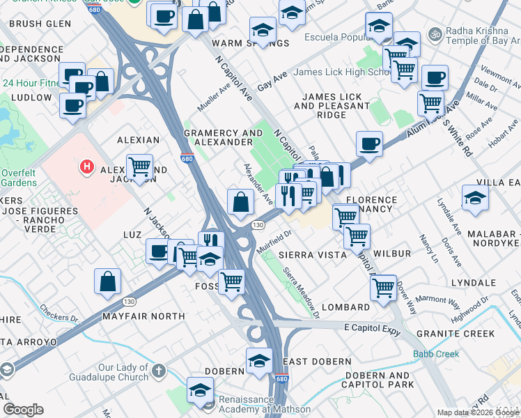 map of restaurants, bars, coffee shops, grocery stores, and more near 2510 Alum Rock Avenue in San Jose