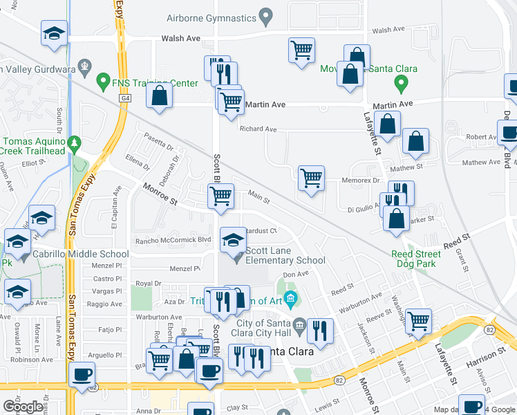 map of restaurants, bars, coffee shops, grocery stores, and more near 2077 Sahara Way in Santa Clara