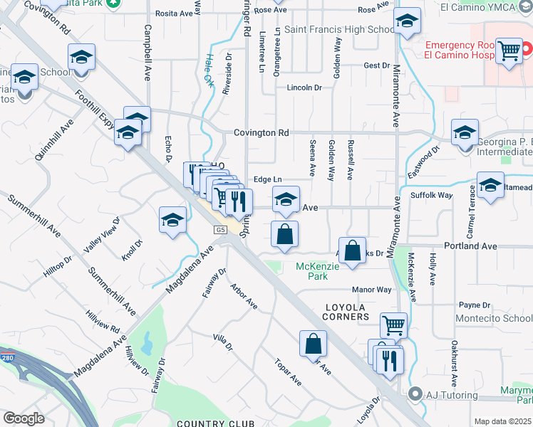 map of restaurants, bars, coffee shops, grocery stores, and more near 722 Brentwood Court in Los Altos