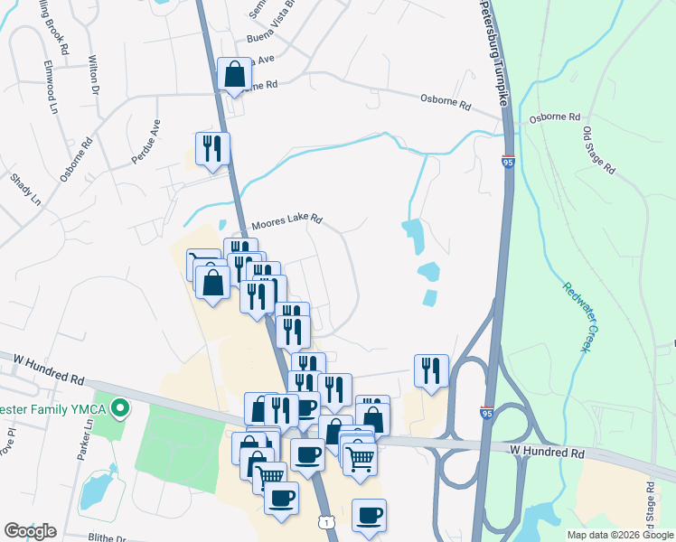 map of restaurants, bars, coffee shops, grocery stores, and more near 12111 Moores Lake Road in Chester